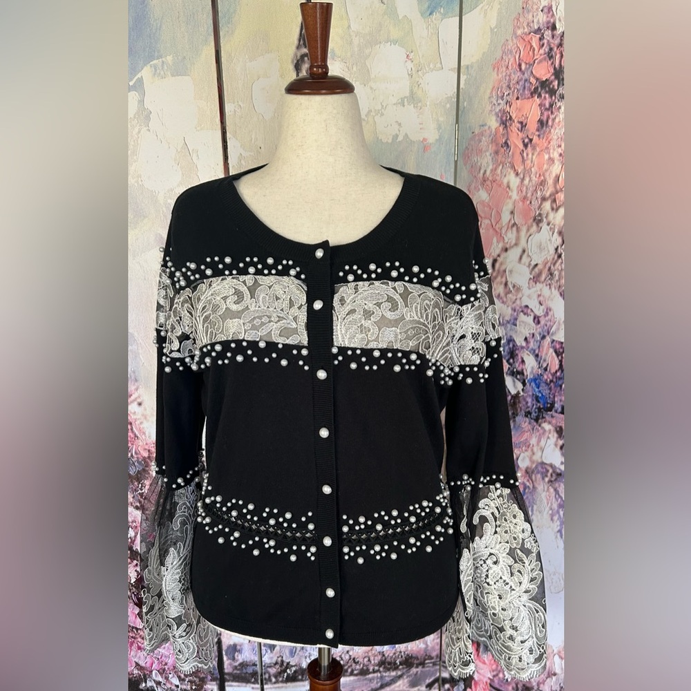 Boston Proper - Black/White Pearl & Lace Beaded Cardigan. Size XL